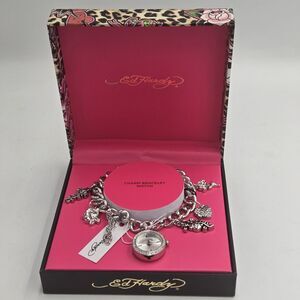 Ed Hardy Women's Tattoo Design Silver Charm Bracelet Round Watch Skull Rose NWT